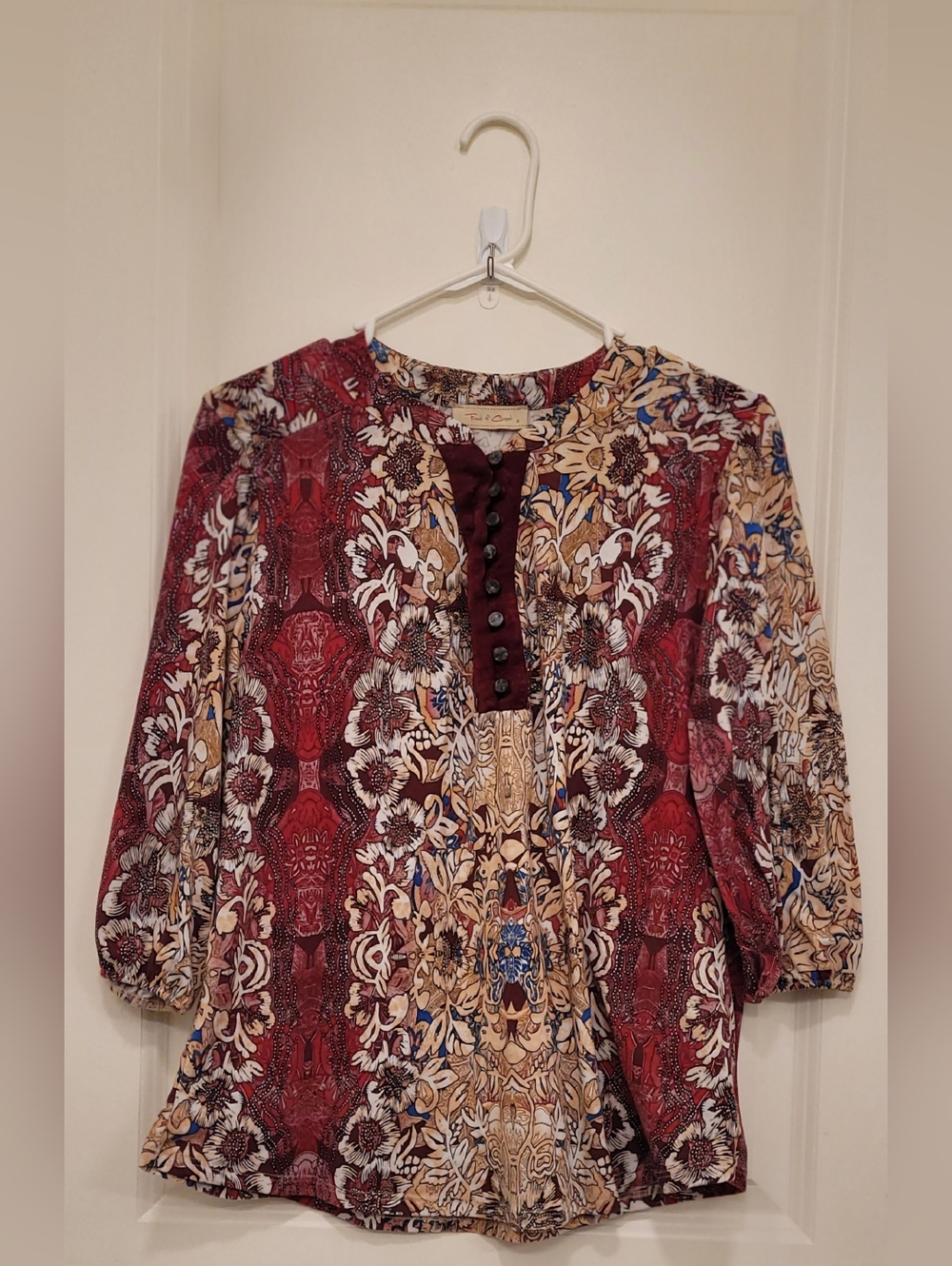 Boho Floral Button-Front Tunic in Burgundy and Cream